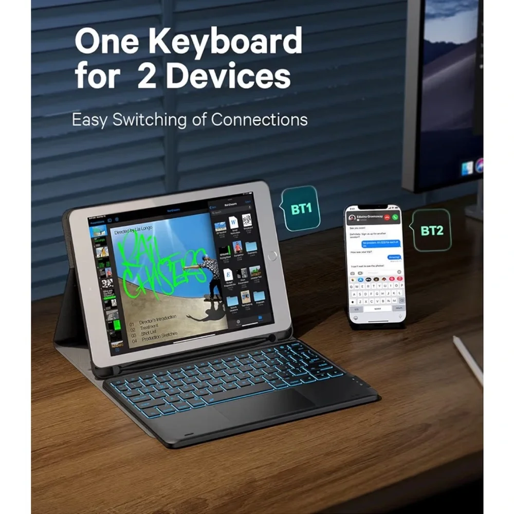 Black Tablet Keyboard Case 7 Color Mode Backlight for iPad 9.7”
